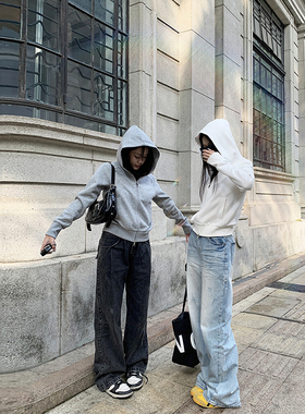 速发灰色连帽正肩卫衣外套秋冬薄短02款24深秋套装拉开链衫