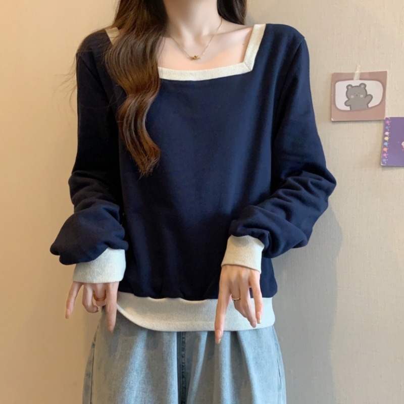 速发藏正色方领蓝肩卫袖长衣新款大码宽松洋气减龄上衣