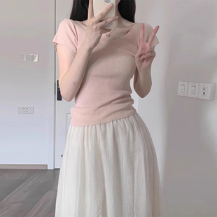 速发粉领v色正肩t恤2024新款小个子针织内搭打底衫气质上衣