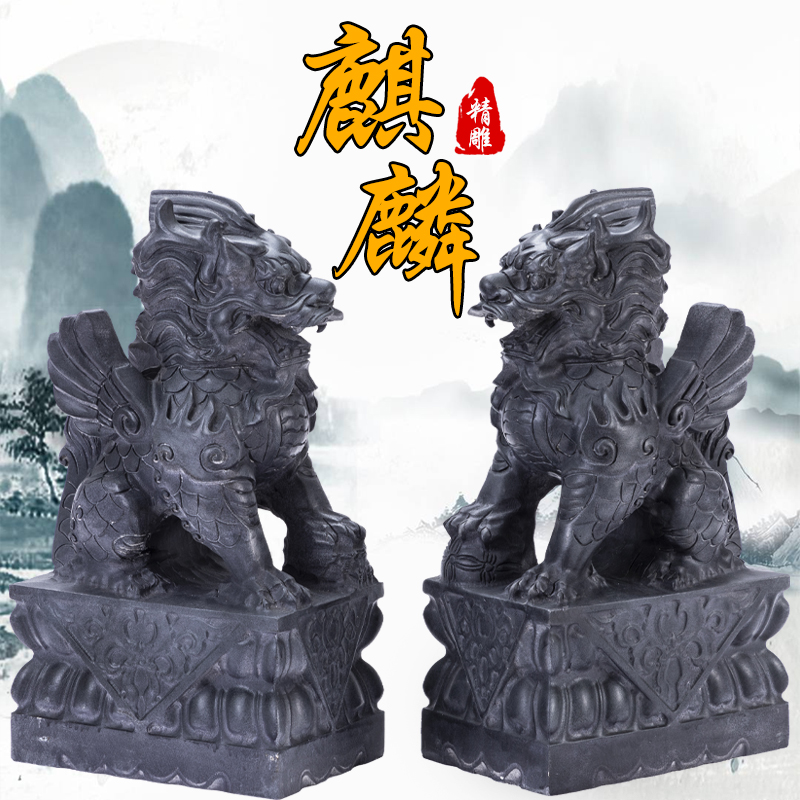 速发石雕麒麟摆件门的麒麟一对飞天青石公母大口带庭院别墅用