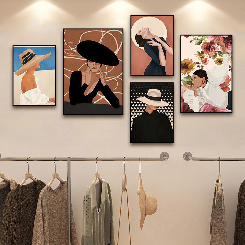 速发抽象人物艺术装饰简卧莫室兰迪色挂画服装店画约复古壁画