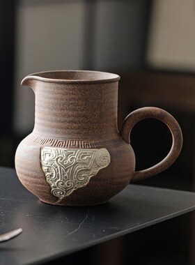 速发老陶泥描银饕餮纹卓功公道杯中式复器分茶古陶瓷鼎夫茶具茶海