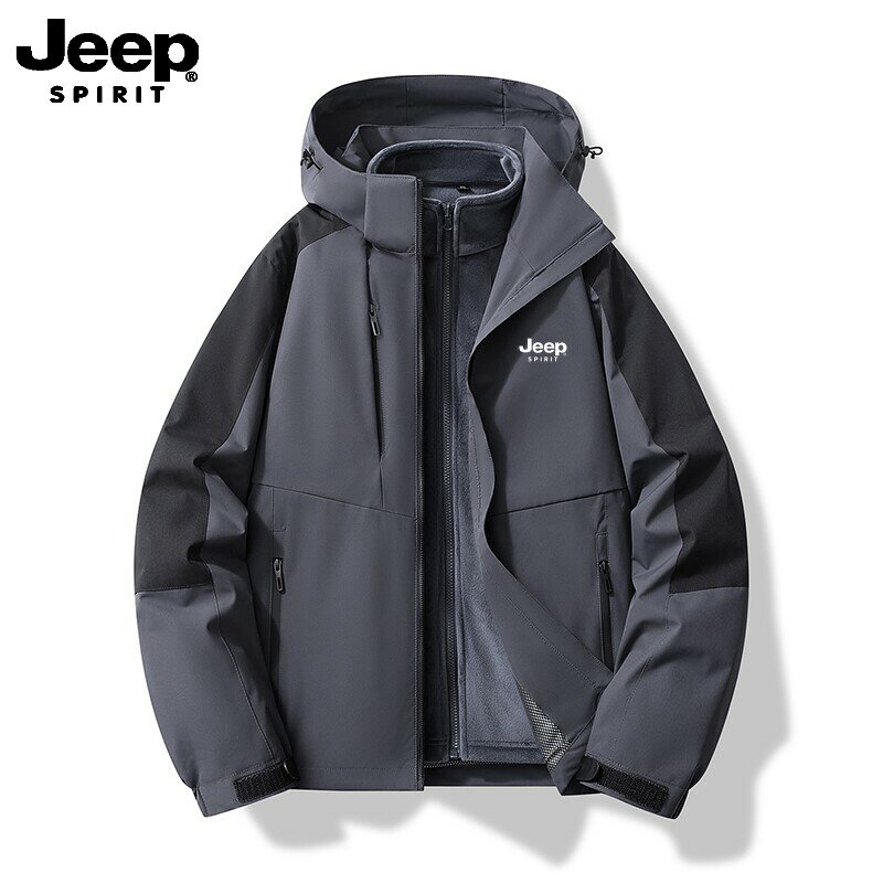 吉普JEEP三合一单衣男士连帽夹克户外防风防水多口袋工装风衣外套