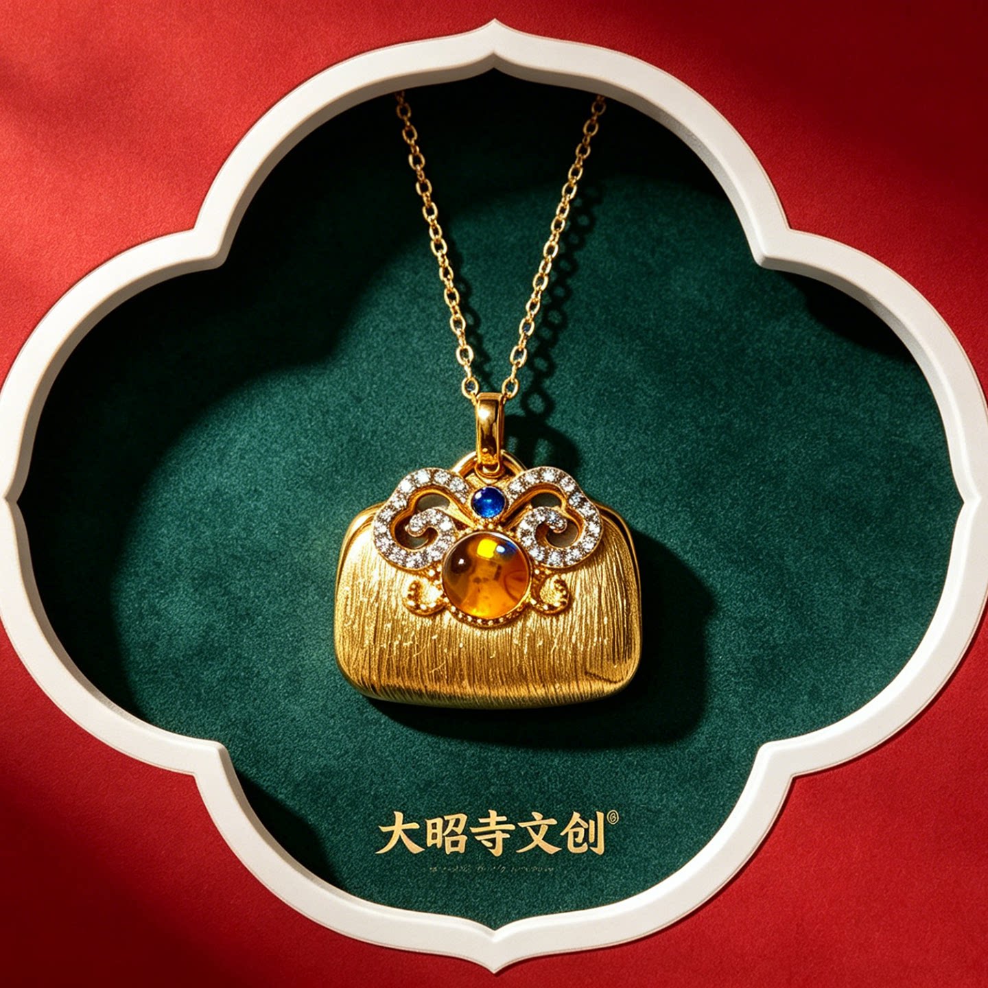 大昭寺S925银镀金蓝珀福包吊坠