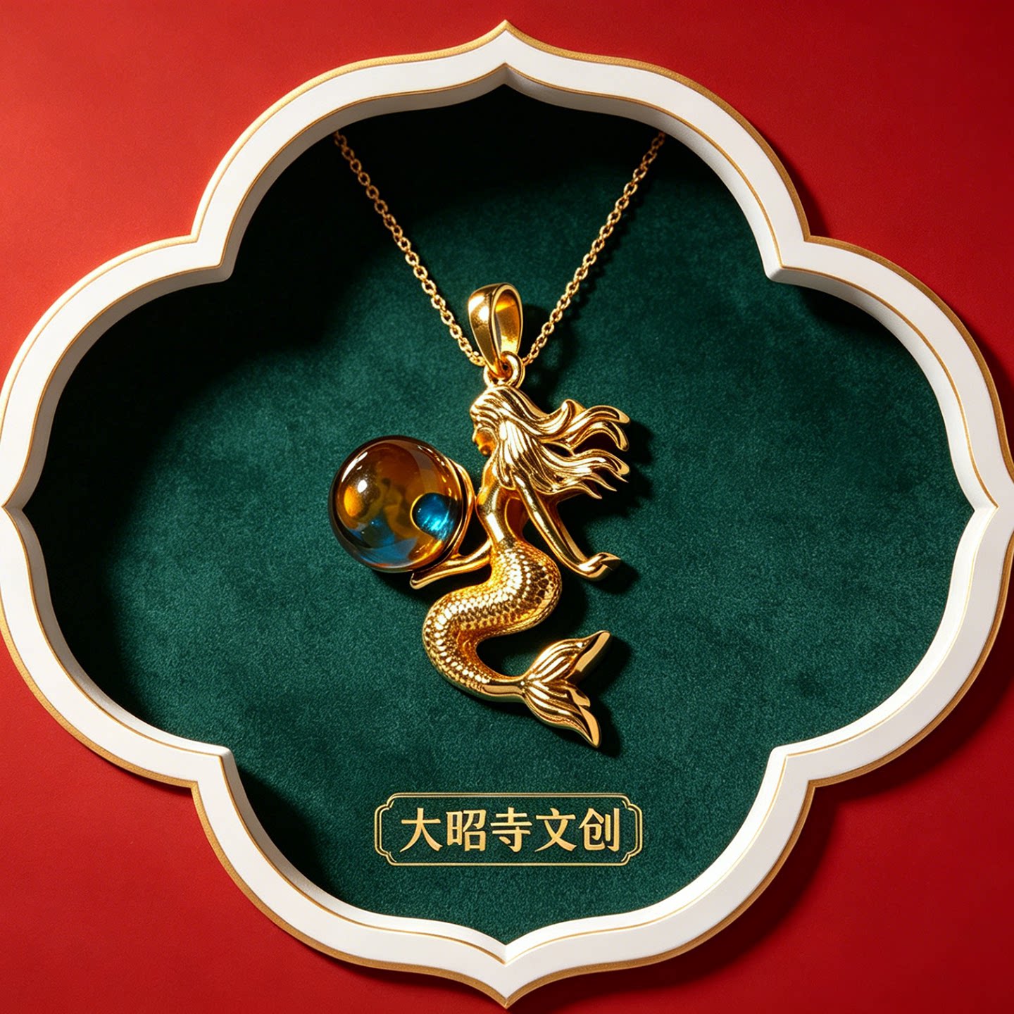 大昭寺S925银镀金美人鱼蓝珀吊坠