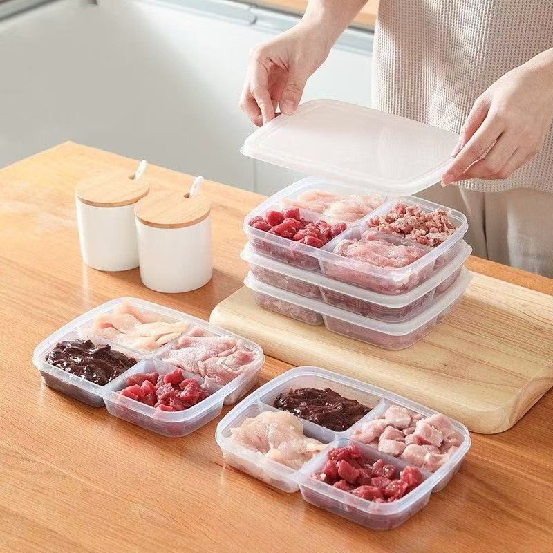 冰箱四格收纳盒家用分格冻肉蔬菜食物分装大容量备餐冷冻保鲜盒ZL