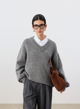 JESTOMS | 4.5支冰岛毛/精纺V领羊毛套头毛衣女长袖针织衫上衣