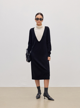 JESTOMS | 2/26NM100%羊毛 高领撞色连衣裙女宽松深U假两件长裙