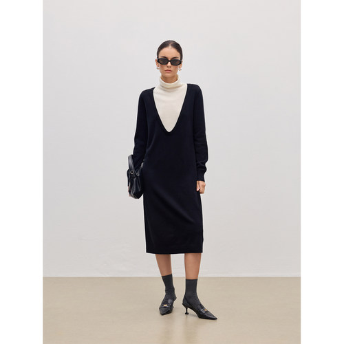 JESTOMS | 2/26NM100%羊毛 高领撞色连衣裙女宽松深U假两件长裙