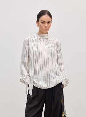JESTOMS | 重磅混纺/质感铜氨丝条纹长袖衬衫女垂顺气质飘带衬衣
