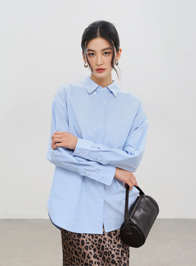 JESTOMS | 菁英衣橱 质感100%棉宽松蓝色长袖衬衫女通勤叠穿衫衣