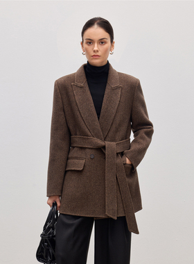 JESTOMS |知性派 翻领双排扣羊毛大衣女收腰人字纹中长款毛呢外套