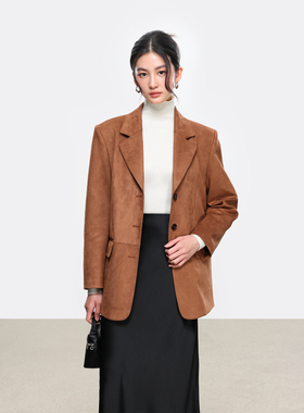 JESTOMS | 贵价甄选 焦糖棕牛皮绒西装外套女质感微阔肩肌理西服