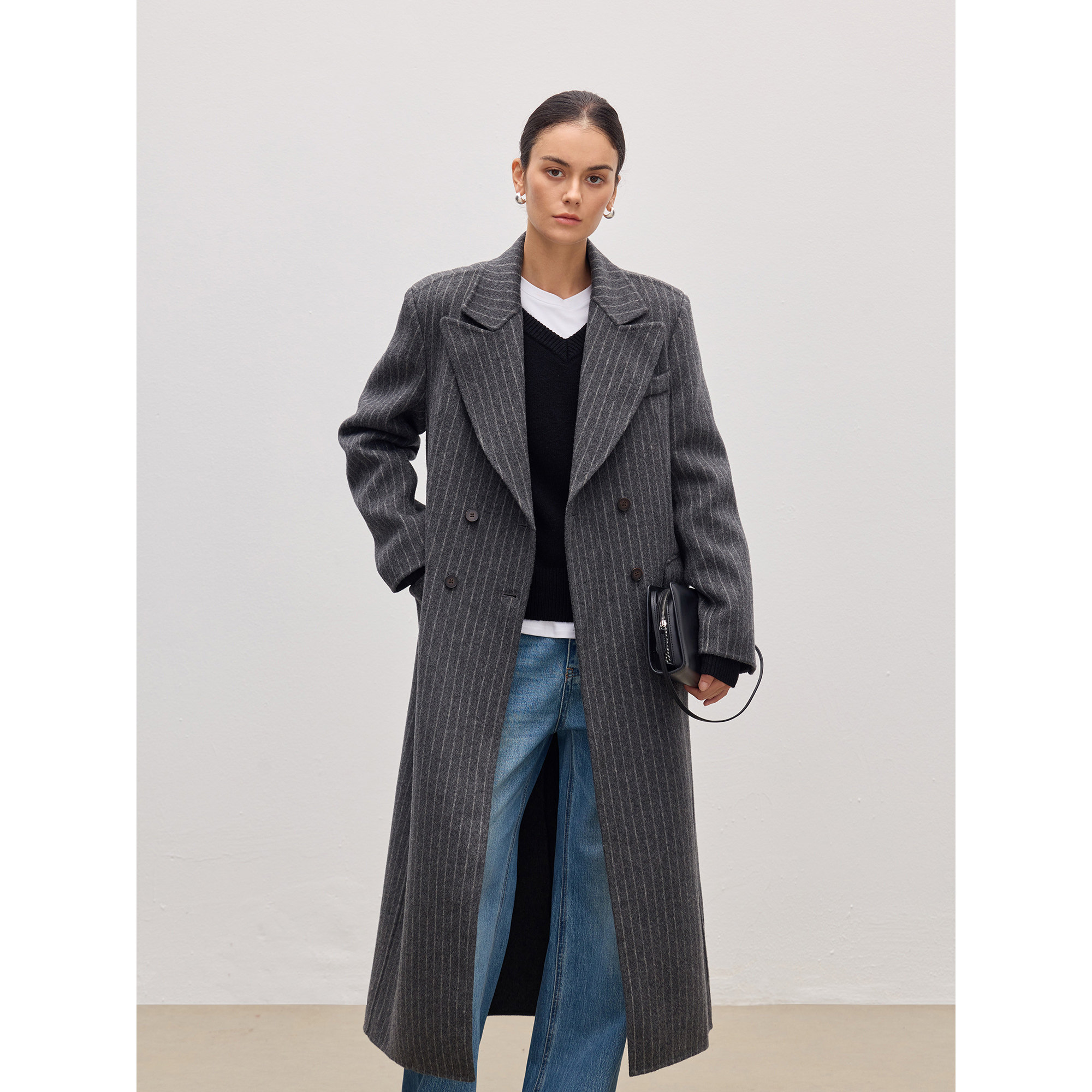 JESTOMS |时尚篇章 1OO羊毛戗驳领条纹大衣女双面呢长款西装外套,女装/女士精品,毛呢外套,淘宝优惠券,粉丝福利购,淘宝优惠卷