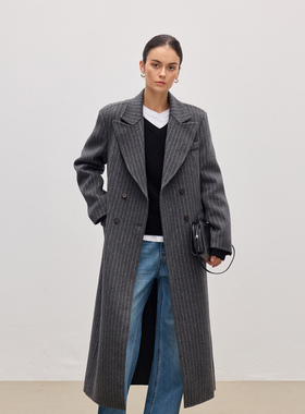 JESTOMS |时尚篇章 100%羊毛戗驳领条纹大衣女双面呢长款西装外套