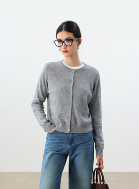 JESTOMS | 2/26支100%羊毛 贵感圆领针织开衫女外穿气质长袖上衣