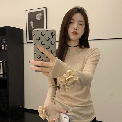 速发高级感别致绝美T恤女春季修身立体花朵时尚气质长袖打底衫上