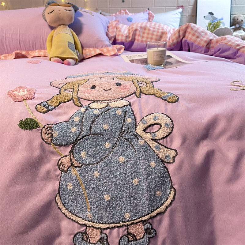 新品公主风紫色床裙花边刺绣水洗棉床上J四件套少女儿童小女孩床