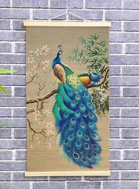 极速新中式遇见孔雀装饰挂画竹帘子C复古玄关招财图案茶室客厅墙