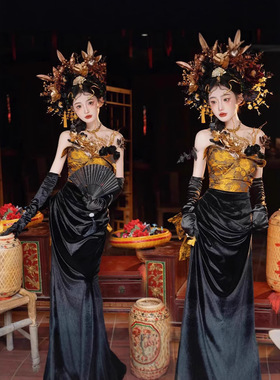 影楼晨拍礼服高级感金黄色亮片抹胸性感露背敬酒服拖尾写真照服装