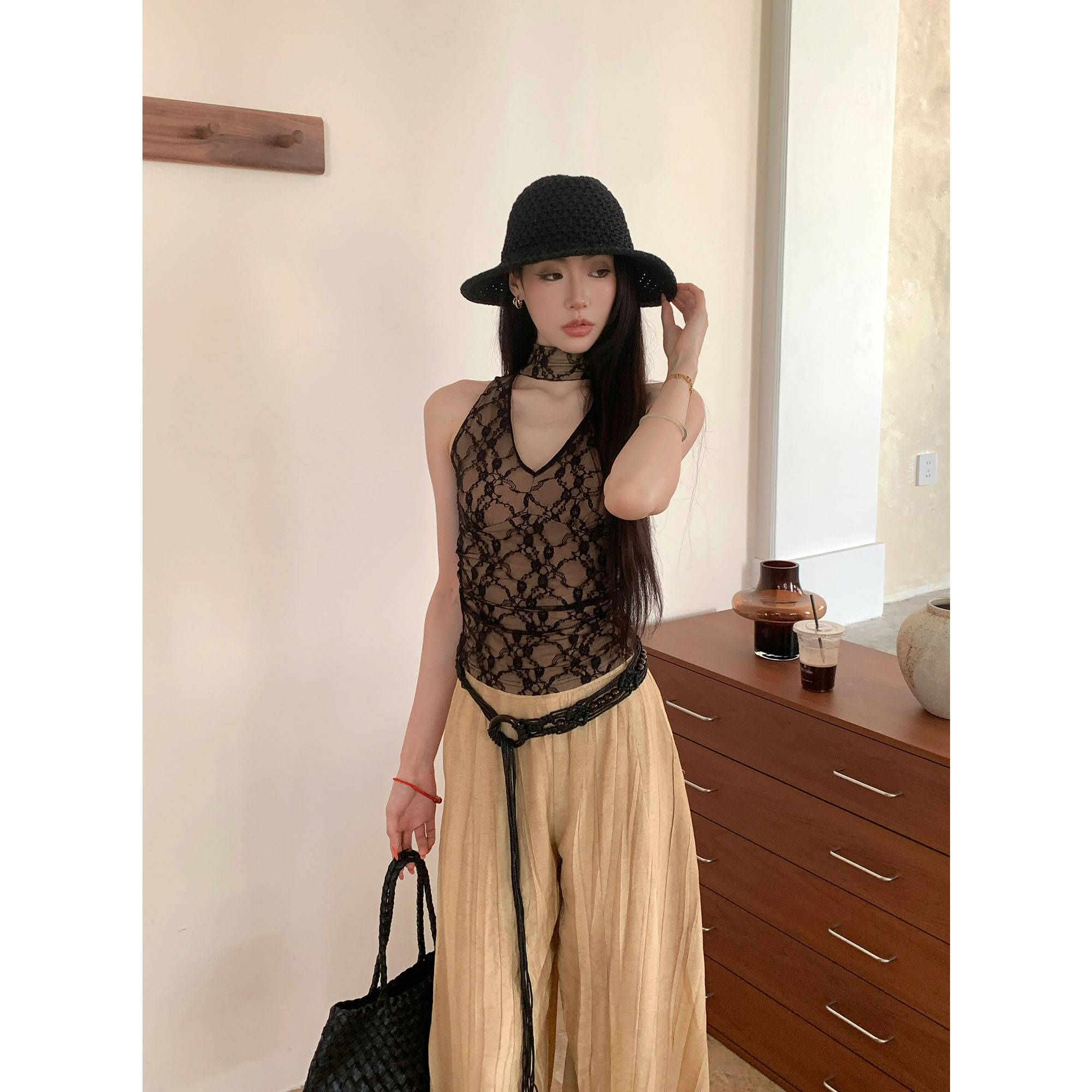 JIJINQI夏季v领飘带无袖露肩上衣
