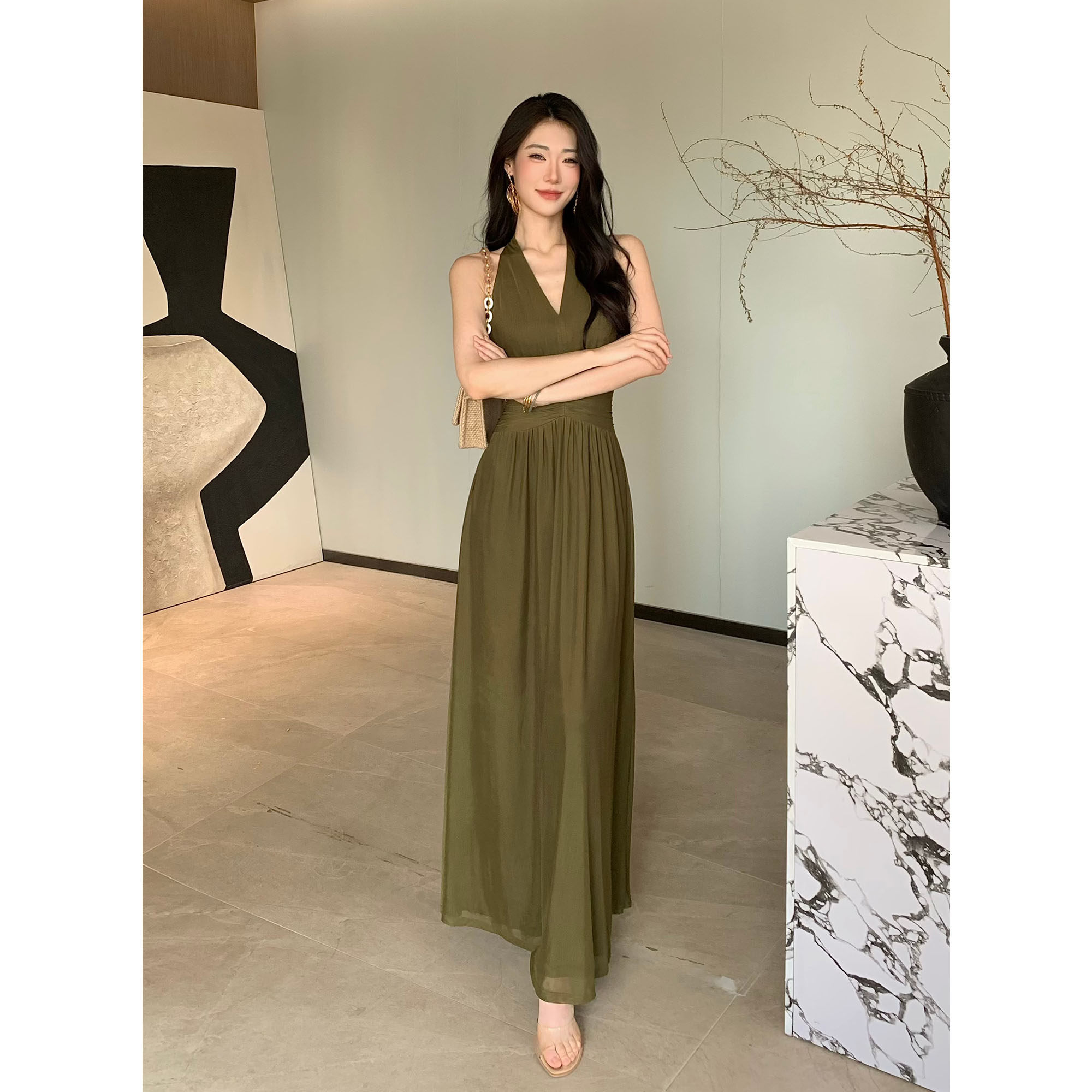 JIJINQI夏季v领无袖露肩挂脖连衣裙收腰百搭法式时尚修身气质长裙