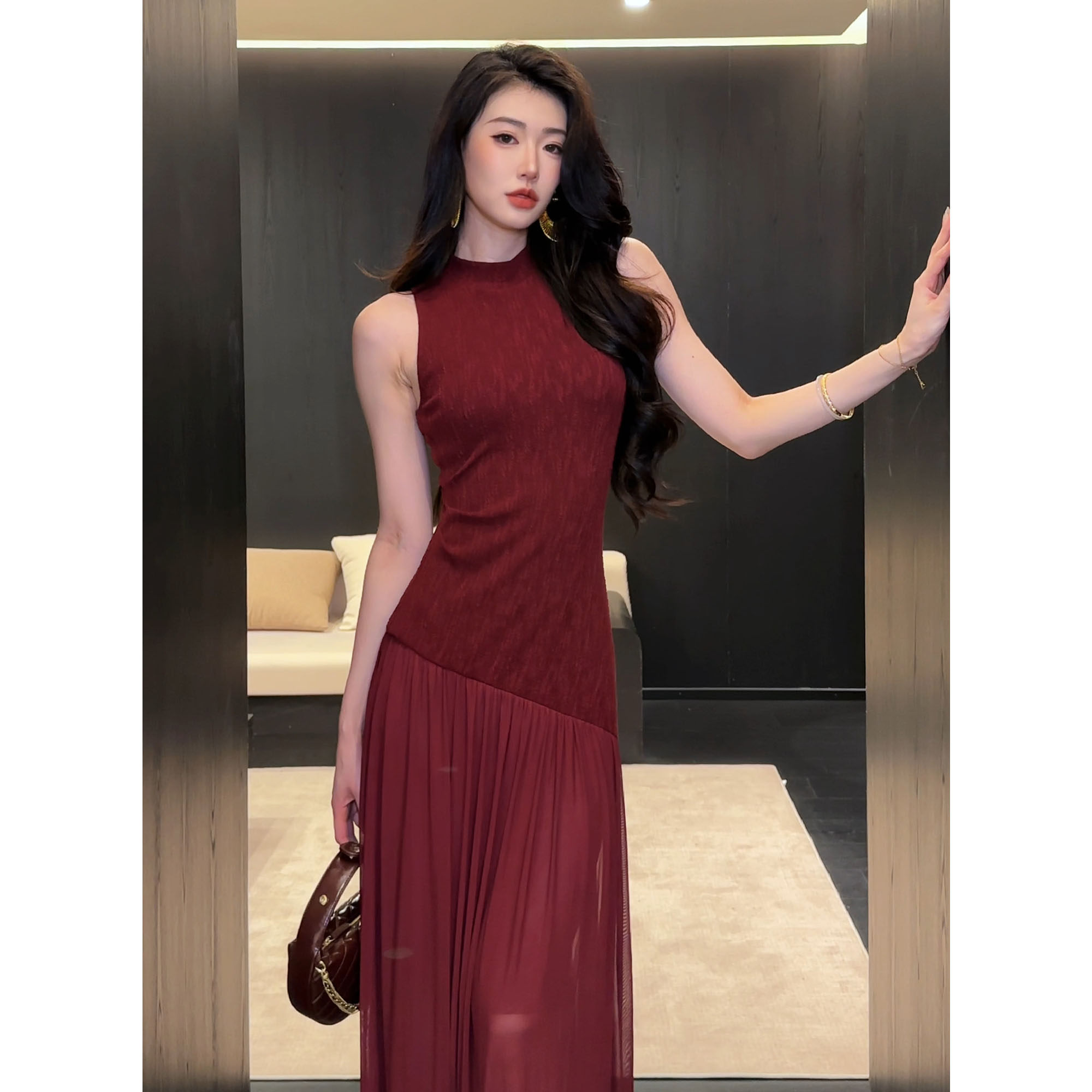 JIJINQI夏季无袖露肩挂脖连衣裙