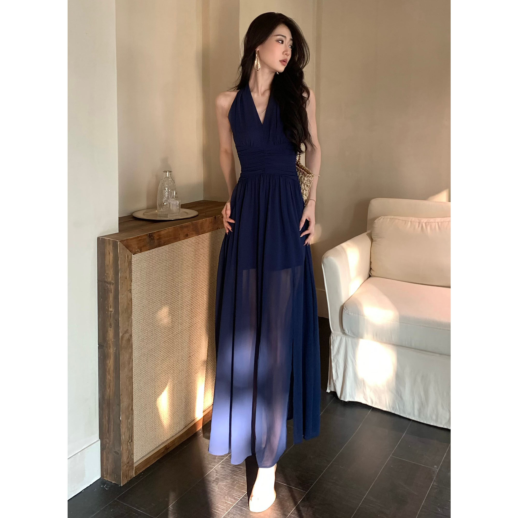 JIJINQI夏季v领无袖露肩连衣裙拼接网纱半透视开叉显瘦轻奢长裙女