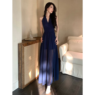 JIJINQI夏季v领无袖露肩连衣裙拼接网纱半透视开叉显瘦轻奢长裙女