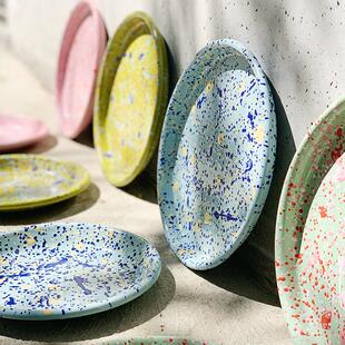 土耳其Bornn大理石纹搪瓷餐具地中海珐琅盘子燕麦碗杯子创意餐盘