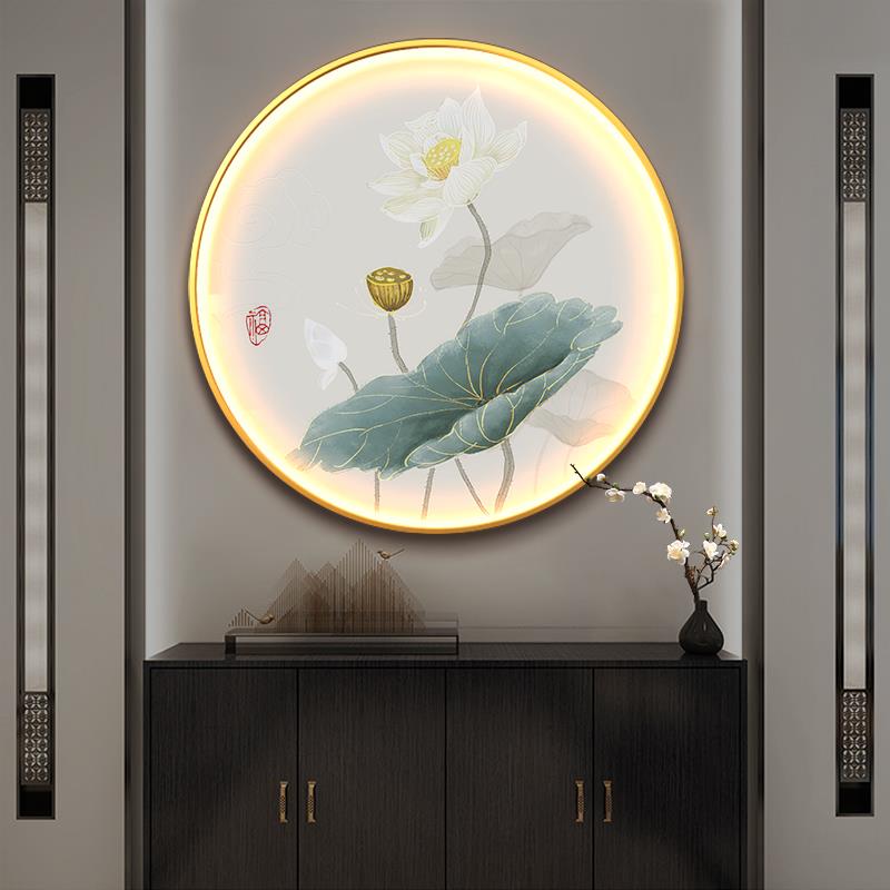 荷花圆形玄关装饰画带灯发光新中式客厅茶室走廊莲花led壁灯挂画