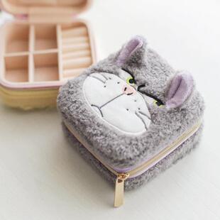 日系 可爱灰色猫帽子狗软绵绵首饰盒 便捷式戒指旅行小巧收纳盒