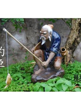 石湾姜太公钓鱼陶瓷摆件 纯手工制复古怀旧风格 高16cm 庭院室内