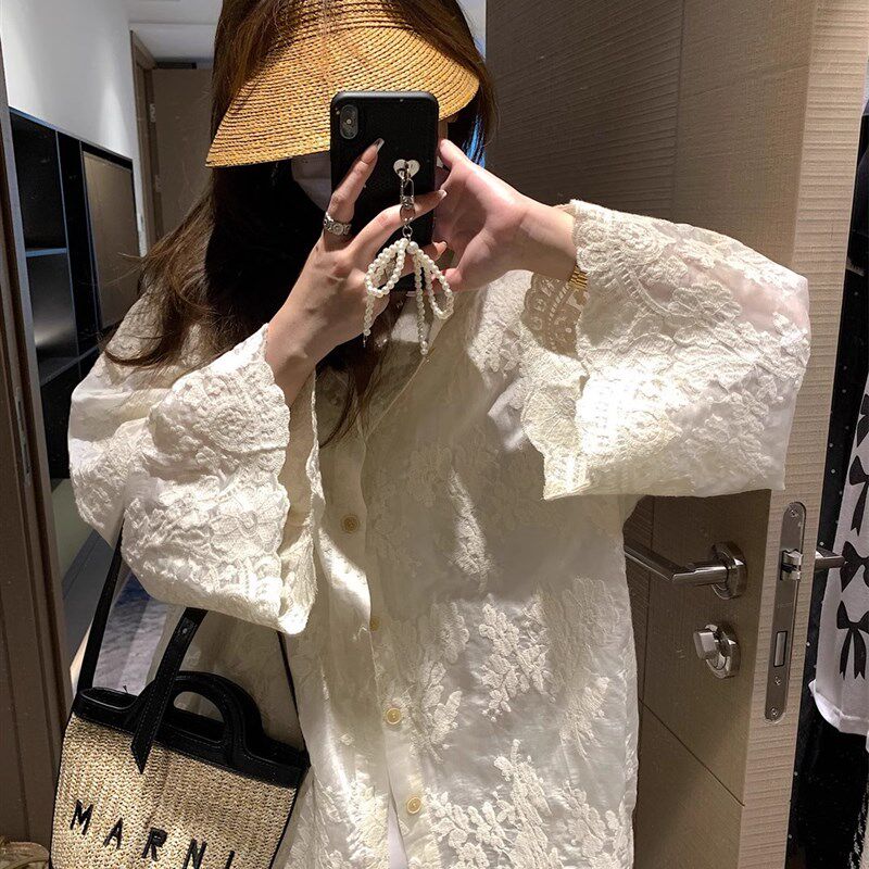 新中式重工刺绣i开衫女夏季海边旅游穿搭长袖上衣高级感蕾丝防晒