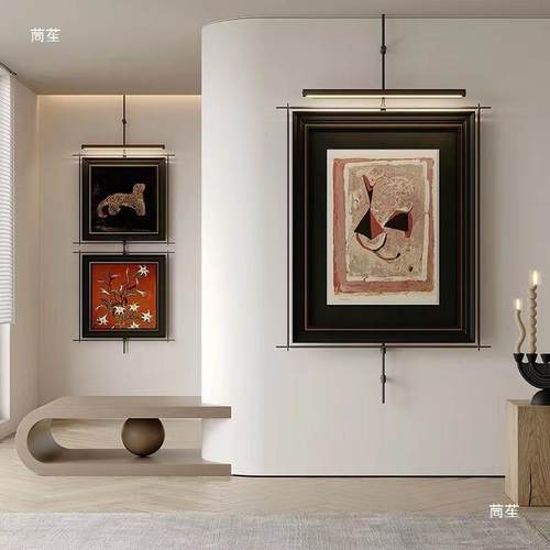 新中式金属吊杆装饰画客厅壁饰复古灯画卧室玄关办公室挂画高级感