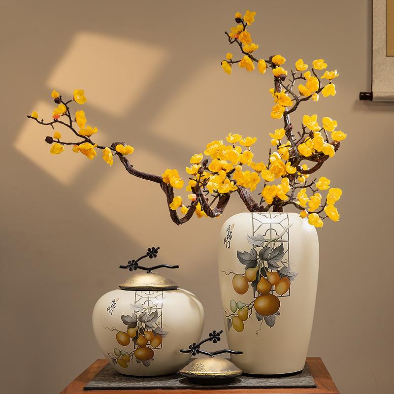 五福临门陶瓷花瓶摆件新中式客厅干花插花玄关电视柜装饰品中古风
