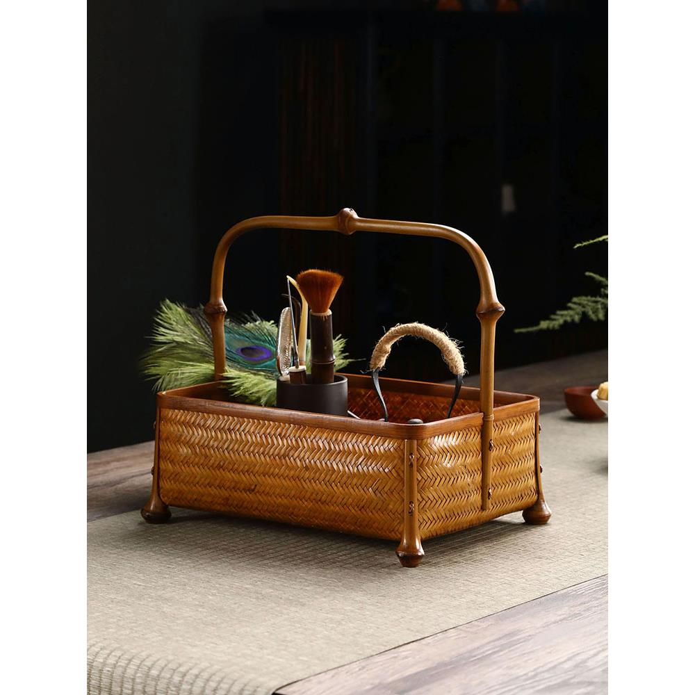 手工竹编筇竹提篮大漆茶具收纳筐水果篮竹篮子家用中式复古点心篮