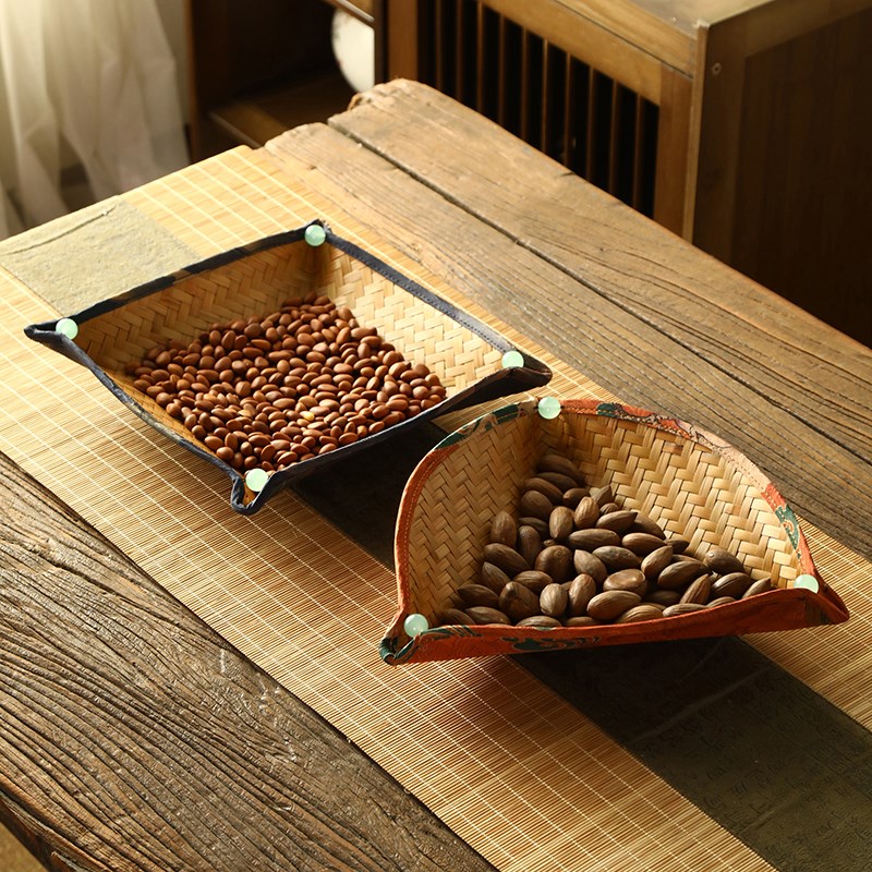 速发中式手工竹编水果盘家用客厅茶几水果篮零食盘干果盘桌面收纳