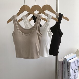 速发穿胸垫美背短款无袖背心一体式内搭外带运动瑜伽免穿文胸纯色