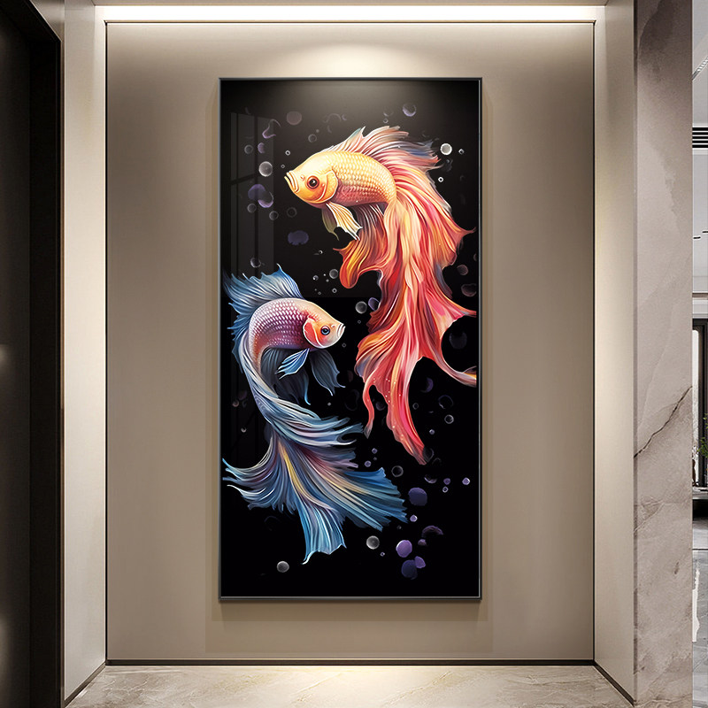 速发好运锦鲤玄关装饰画入正走廊高级感竖挂版画客厅过道户对门墙