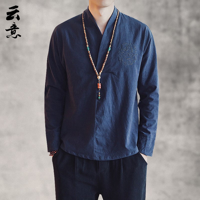 速发中国风男装棉领汉服春季亚麻长袖T恤复V风古麻禅意上衣中式打