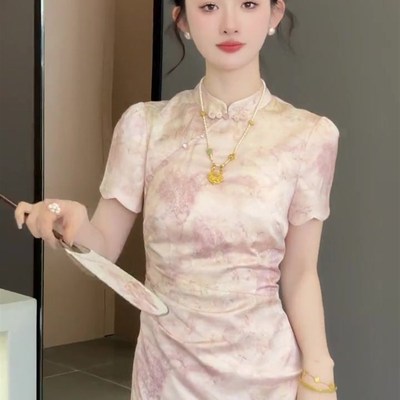 高货新中式国风高端精致复古气质粉色改良旗袍连衣裙款