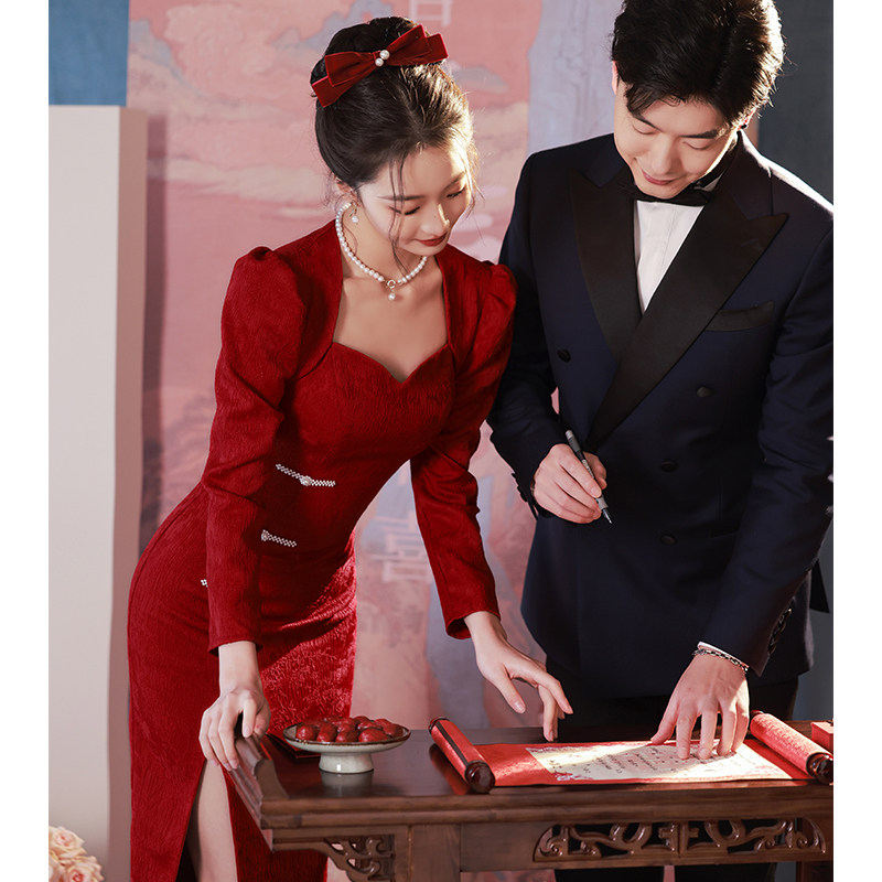 速发敬长服新娘婚袍酒红色订婚礼服连衣裙新中式婚礼回门改良结旗