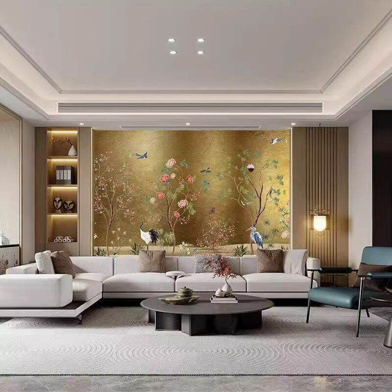 速发金色花鸟壁纸中式豪华沙发卧室床头背景墙布美式复古花朵植物