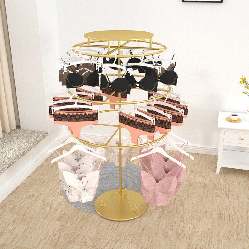 速发内衣店货架金色展示落地架圆形三层可旋转中岛文胸内裤架铁艺