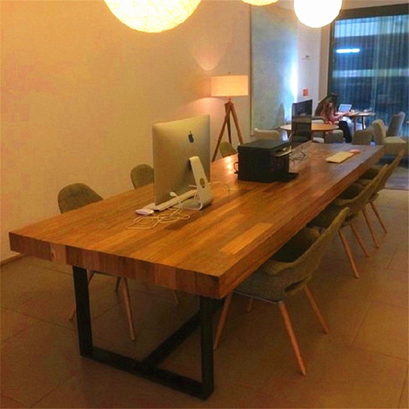 速发实木餐桌铁艺咖啡厅桌椅loft长方形复古办公桌美式长凳餐桌椅