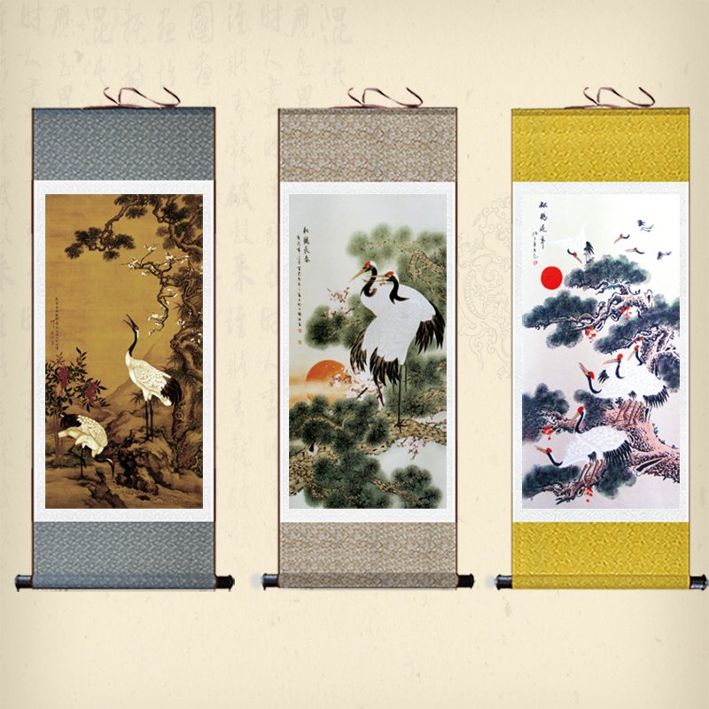 速发花鸟画松年图挂画丝鹤呈祥卷轴画松鹤延鹤百绸画客厅装饰画礼