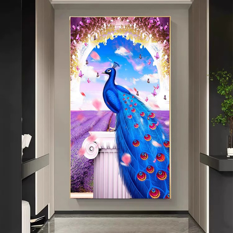 孔雀东南飞新中式高级感玄关处装饰画轻奢酒店走廊挂画客厅晶瓷画图片