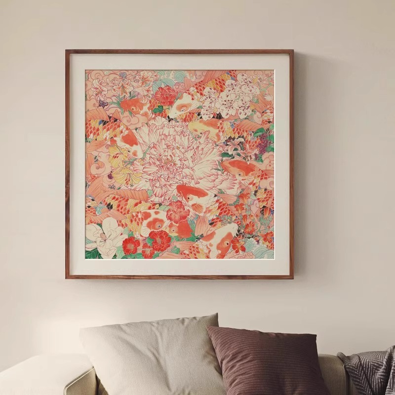 九鱼图锦鲤方形客厅装饰画玄关画挂画法式现代奶油风入户迎门壁画图片
