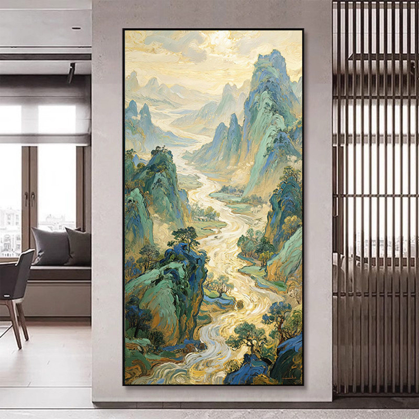 《千里江山图》青绿山水新中式玄关挂画水墨挂画入户过道走廊壁画